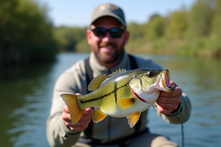 Ein glücklicher Angler hält einen großen Schwarzbarsch, der in einem spanischen Stausee gefangen wurde.