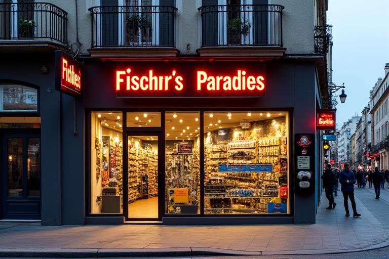 Die einladende Außenfassade des Angelgeschäfts Fischer's Paradies Madrid in einer belebten Straße.