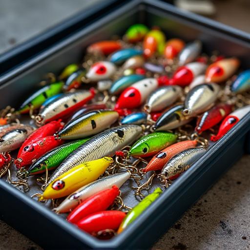 Eine offene Köderbox, die verschiedene bunte Kunstköder wie Wobbler und Gummifische zeigt.