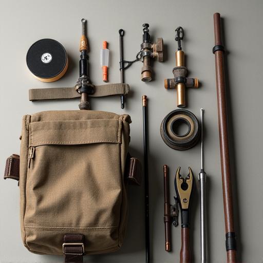 Verschiedenes Angelzubehör, darunter eine Angeltasche, eine Schnurspule und eine Zange, ordentlich arrangiert.